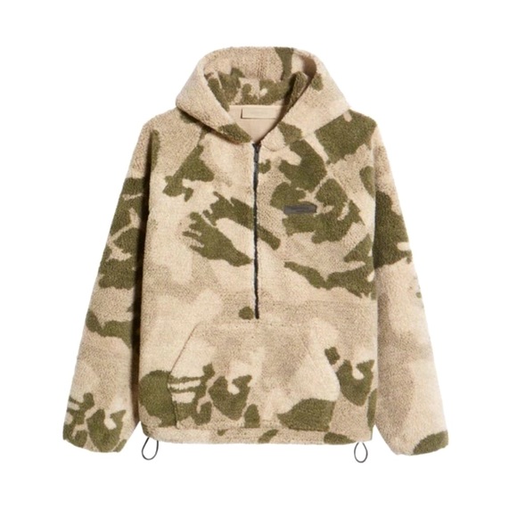 FEAR OF GOD, “ESSENTIALS” HALF ZIP HOODED CAMO SHERPA JACKET/WARM HOODIE! NWT - Picture 2 of 10